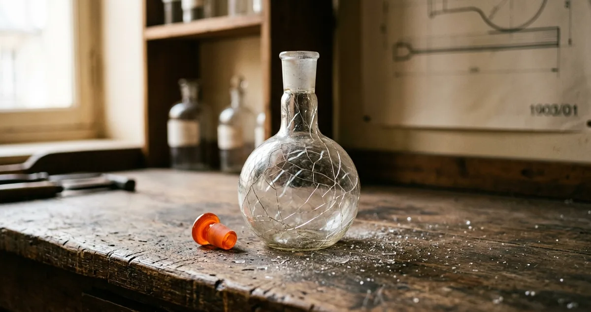 Paris, 1903: o balão de vidro trincado de pé sobre o ladrilho do laboratório, com a película seca segurando os cacos.