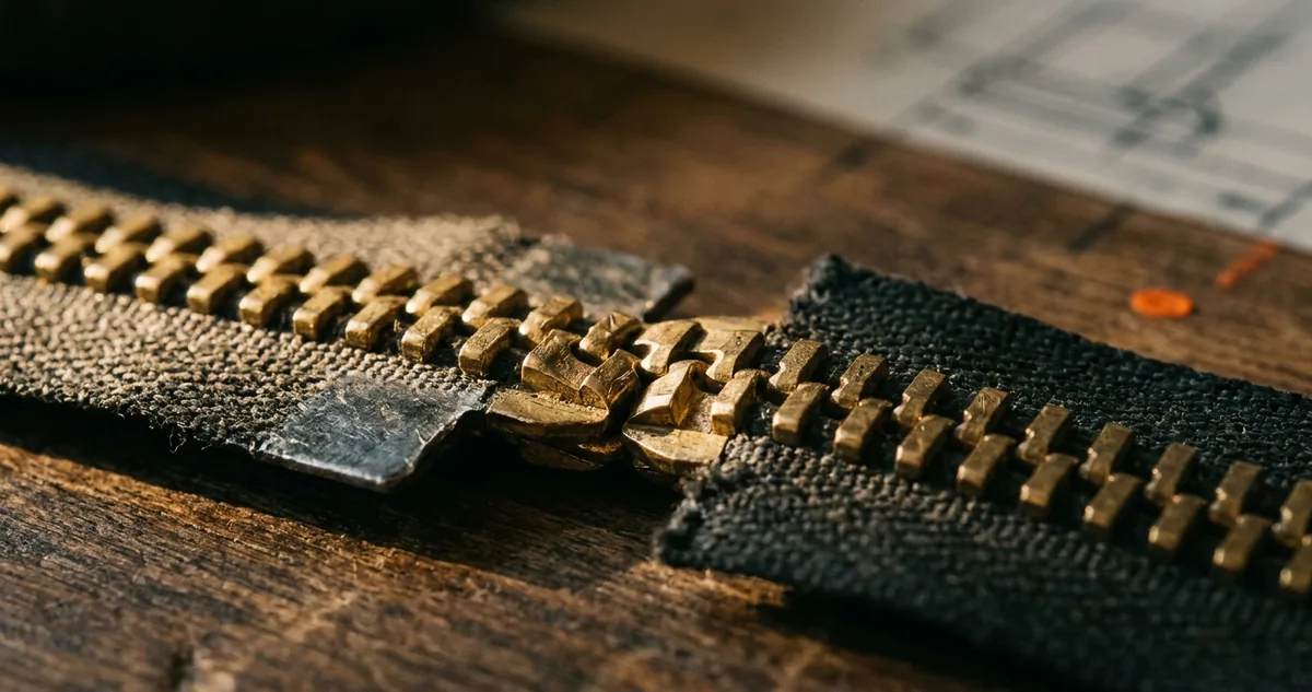 Meadville, 1913: a fita de dentes de latão do fecho de correr de Gideon Sundback, com o cursor no meio.