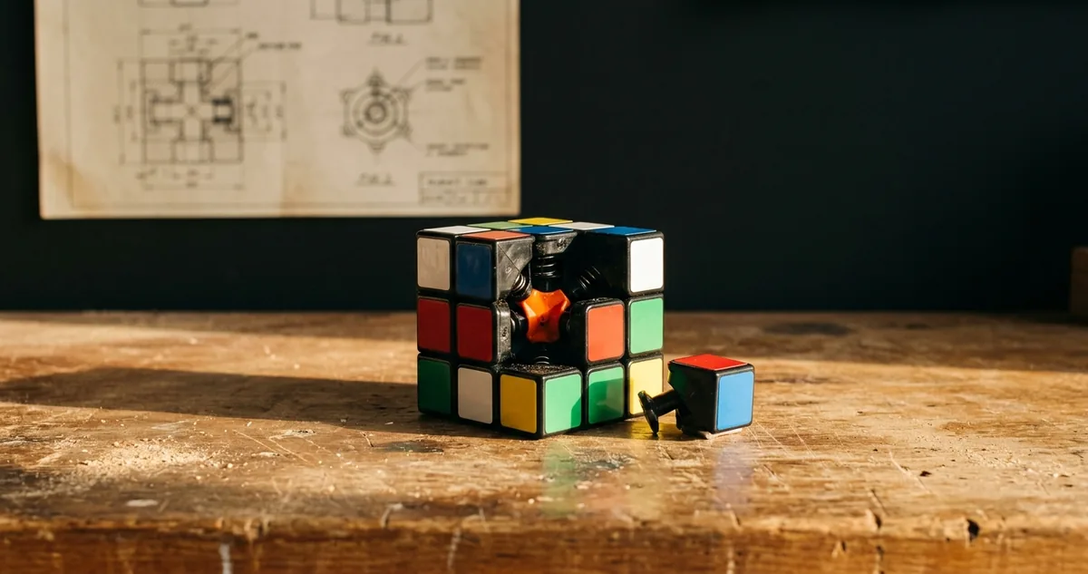 Cubo de Rubik de madeira com faces coloridas sobre uma mesa de trabalho em Budapeste.