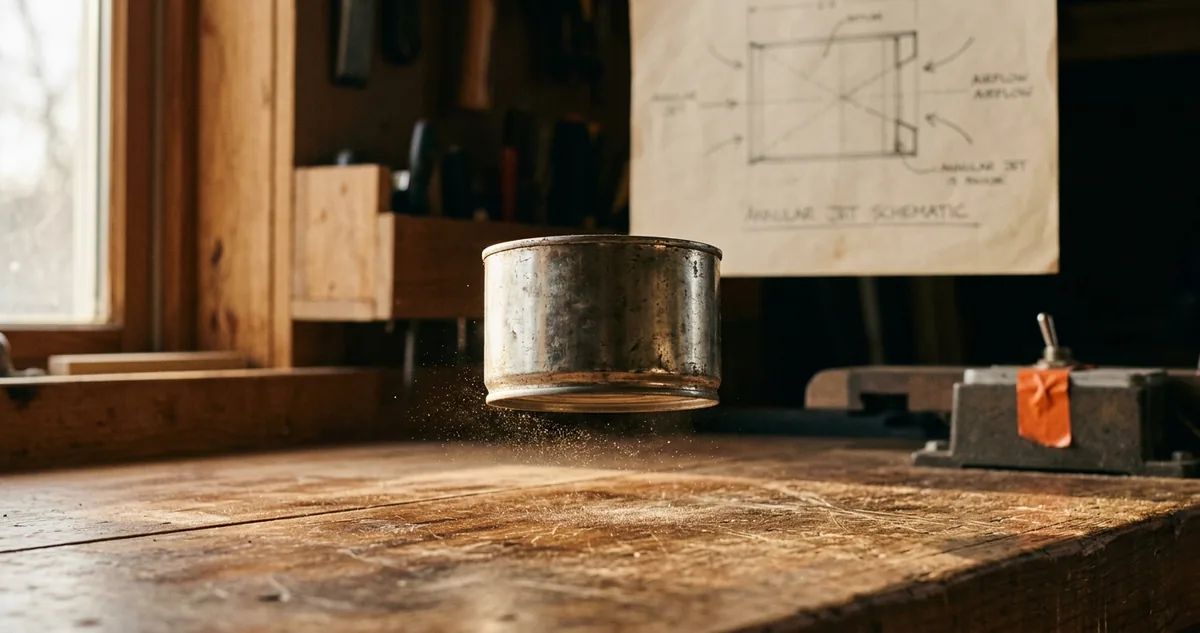 Duas latas de metal encaixadas sob um soprador, sobre uma balança de cozinha.
