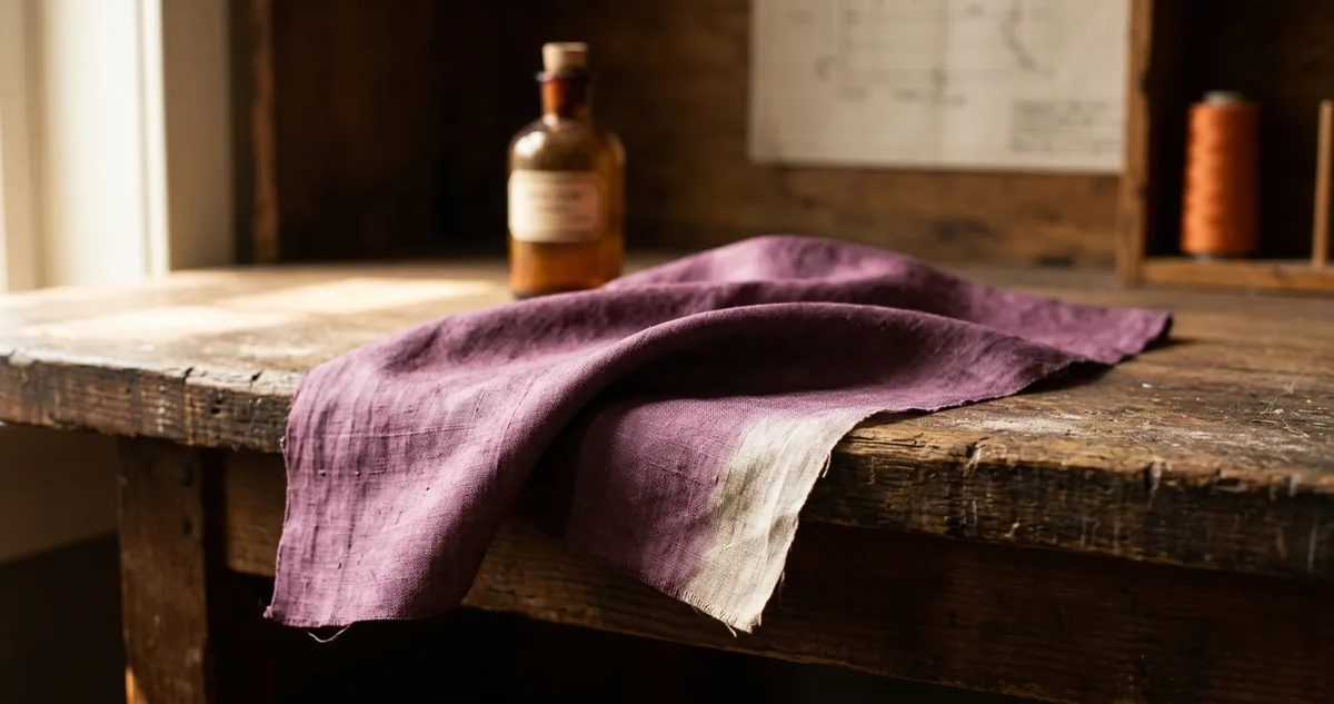 Frasco de vidro com pó de malveína ao lado de um retalho de seda tingido de roxo.