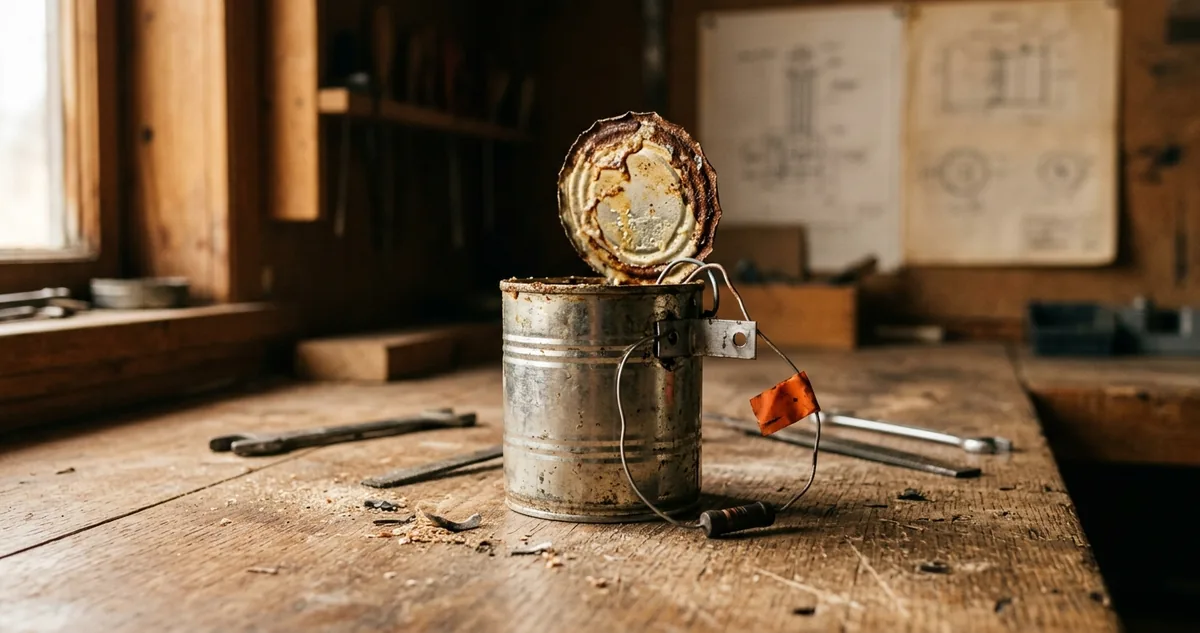 Lata de leite condensado aberta sobre uma bancada, com barras de chocolate ao leite.