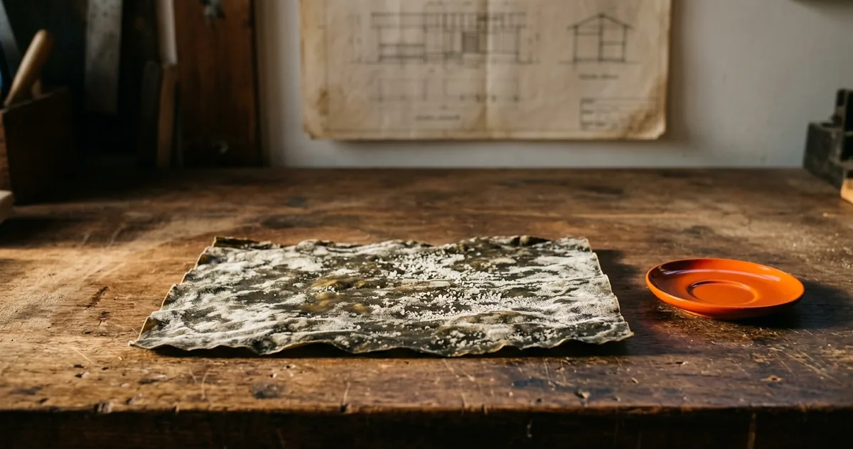 Cristais brancos de glutamato ao lado de uma tira de kombu seca, num laboratório de Tóquio.