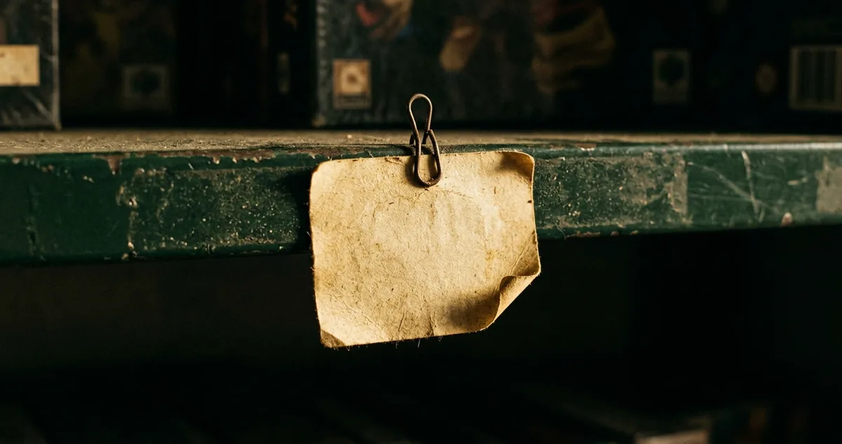 Uma etiqueta de preço amarelada pelo tempo presa na prateleira de uma loja de jogos, sem pessoas.