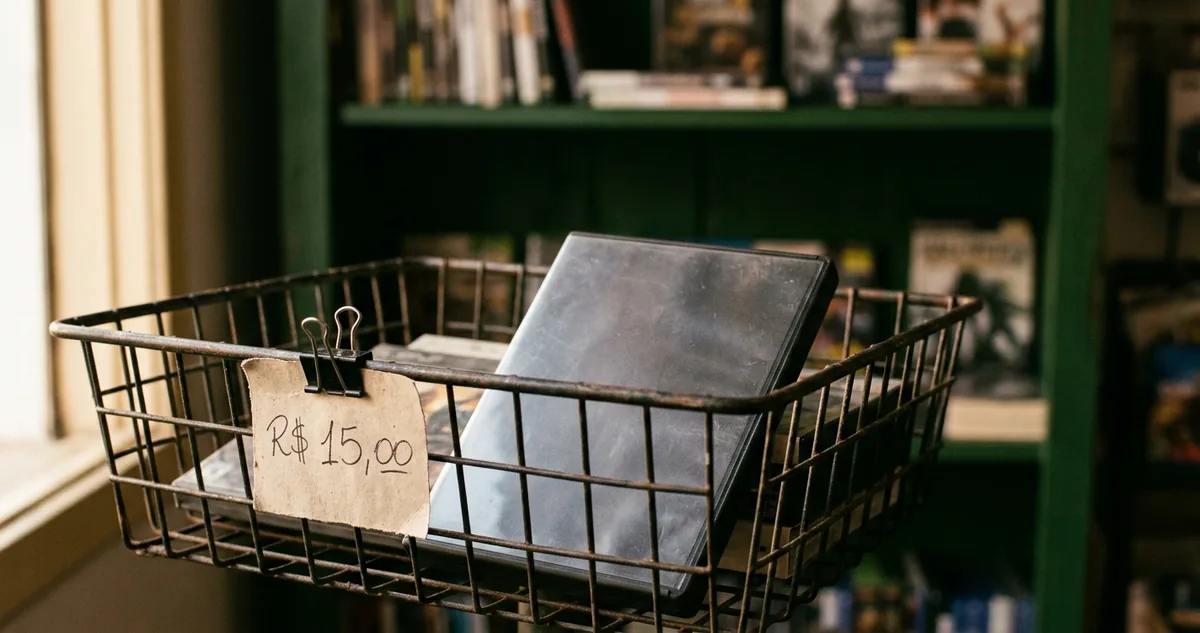 Caixa de jogo simples numa cesta de promoção com etiqueta de papel escrita à mão, sem pessoas.