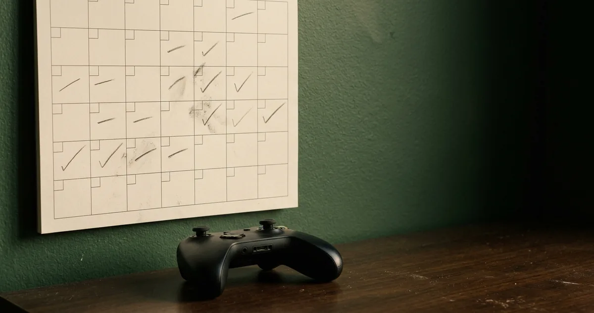 Calendário de parede de doze semanas com um controle de videogame apoiado embaixo, sem pessoas.