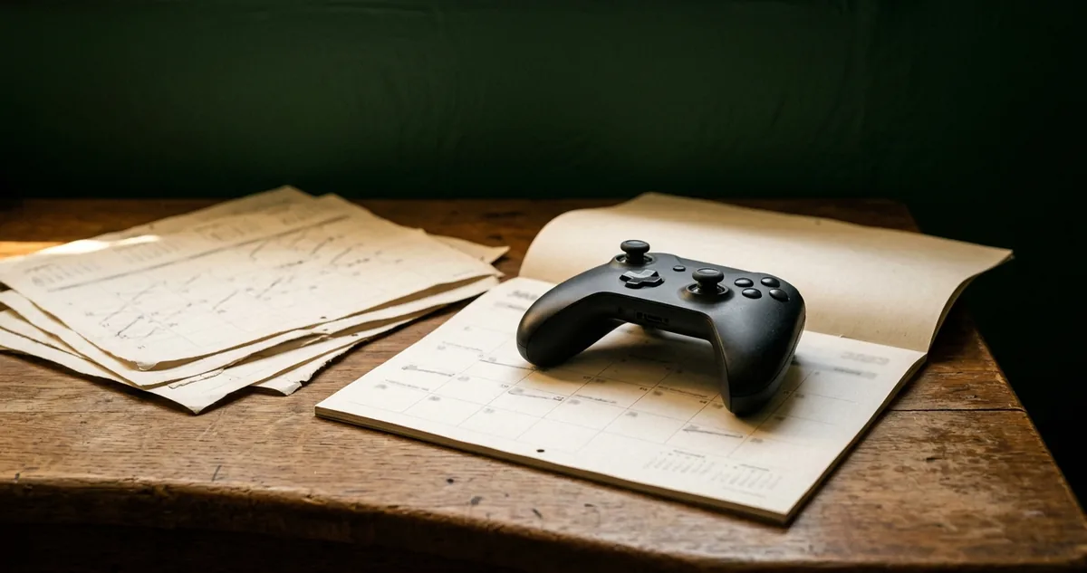 Controle de videogame apoiado sobre um calendário de parede aberto em cima de uma mesa, sem pessoas.