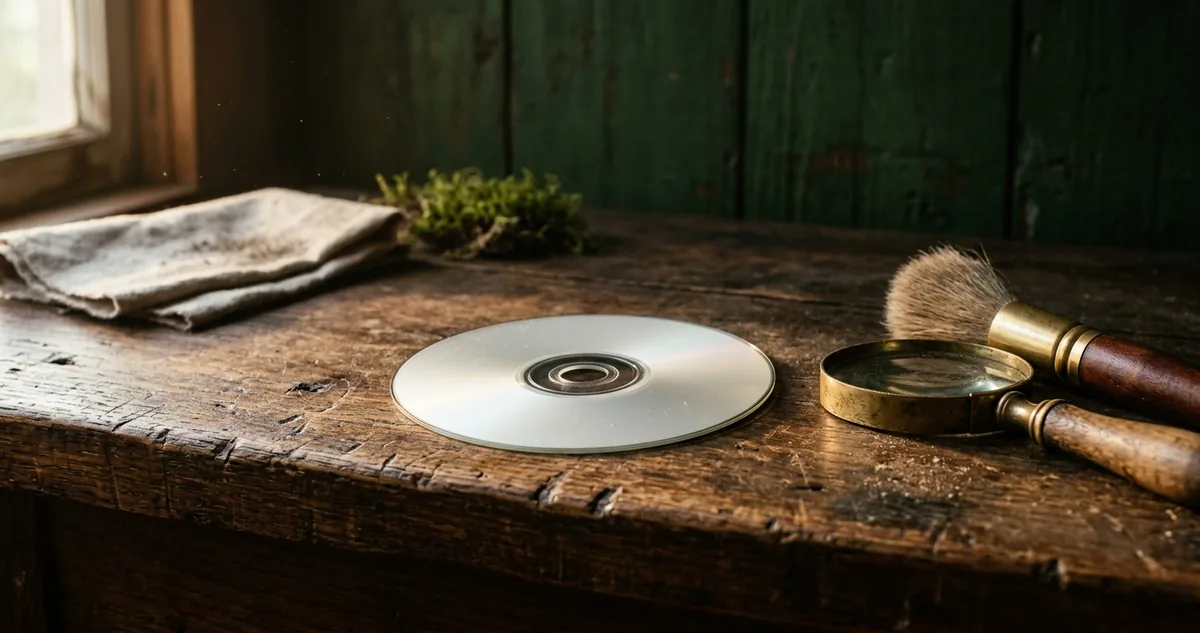 Bancada de madeira com um disco sem rótulo, uma lupa e um pincel macio de restauração, sem pessoas.