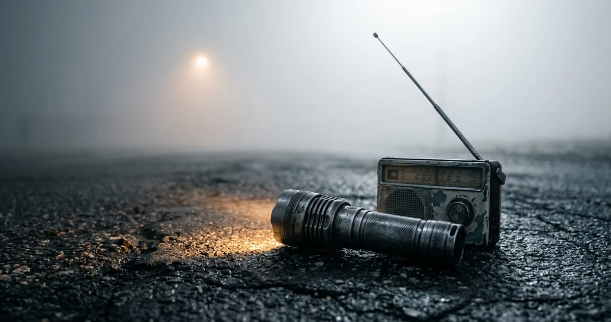 Lanterna acesa e rádio portátil antigo sobre asfalto molhado tomado por névoa densa, sem pessoas.