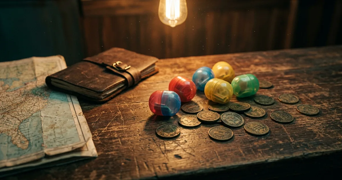 Cápsulas de brinquedo espalhadas ao lado de fichas de fliperama sobre um balcão de madeira gasta, sem pessoas.