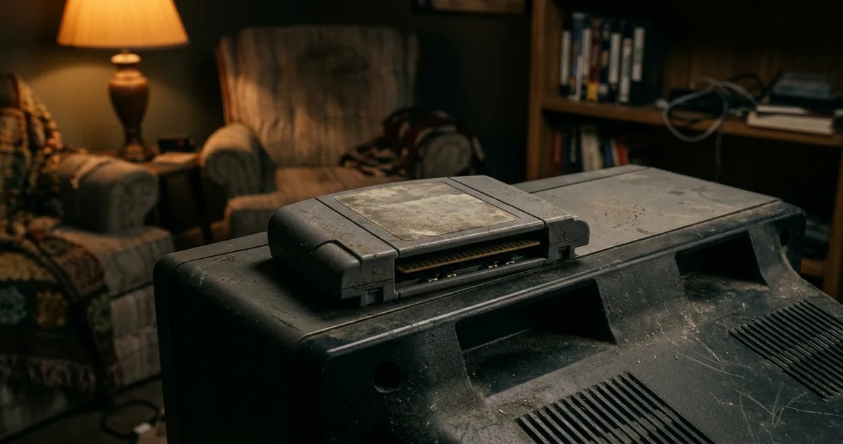 Cartucho de Nintendo 64 apoiado em cima de uma televisão de tubo antiga numa sala com luz baixa, sem pessoas
