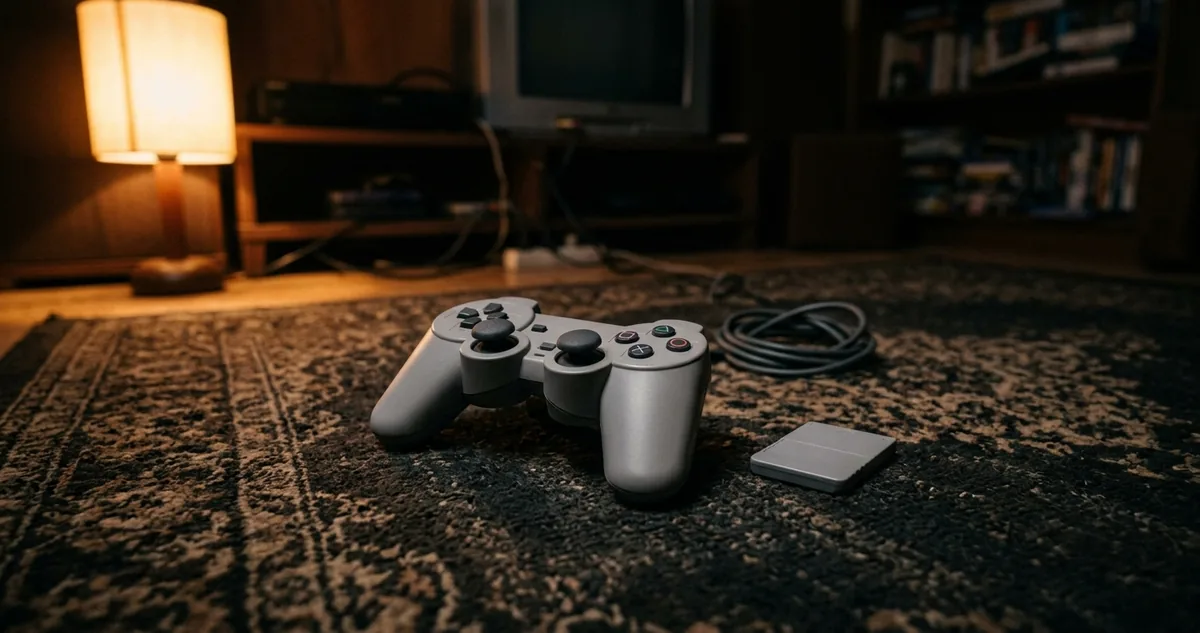 Controle de PlayStation cinza apoiado ao lado de um cartão de memória sobre um tapete escuro, sem pessoas