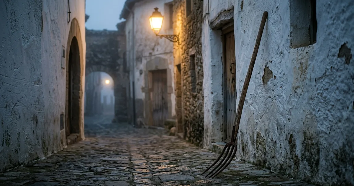 Rua de vila espanhola de pedra ao anoitecer, com forcado encostado num muro e névoa baixa, sem pessoas