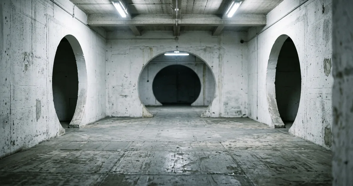 Sala de testes de concreto branco vazia, com duas aberturas ovais nas paredes opostas e luz fria de teto, sem pessoas