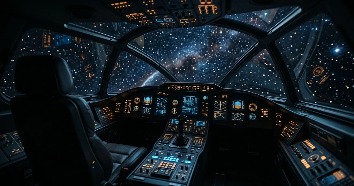 Cockpit de nave espacial vazio visto de dentro, painéis acesos em azul e âmbar, estrelas na janela frontal, sem pessoas
