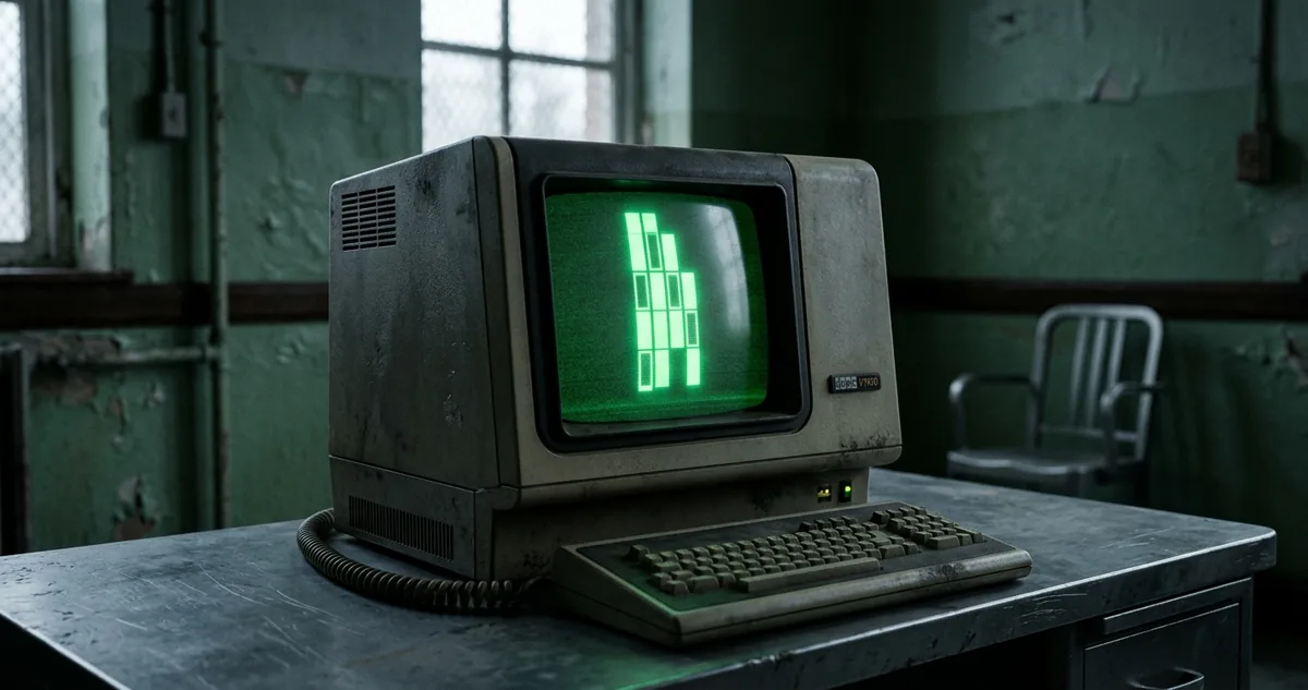Terminal de computador antigo de fósforo verde sobre mesa metálica, tela com blocos retangulares empilhados, sala fechada em penumbra, sem pessoas