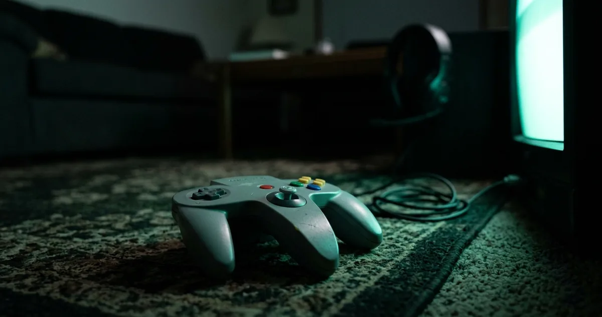 Controle de Nintendo 64 cinza sobre carpete de sala antiga, luz de televisão de tubo batendo de lado, sem pessoas