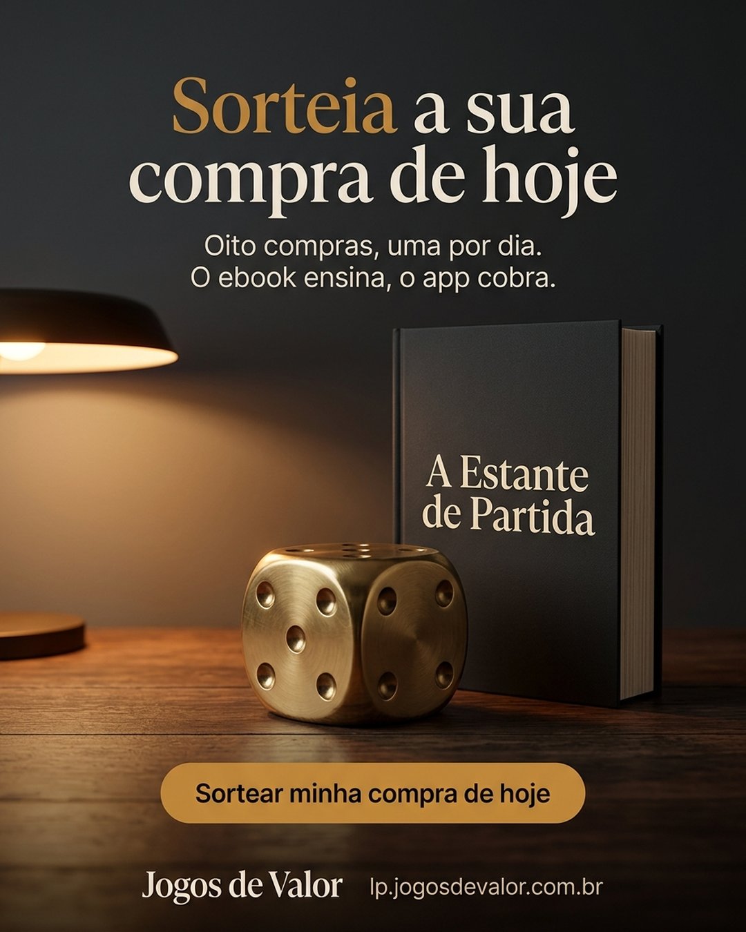 Sorteia a sua compra de hoje. Oito compras, uma por dia. O ebook ensina, o app cobra. Sortear minha compra de hoje.