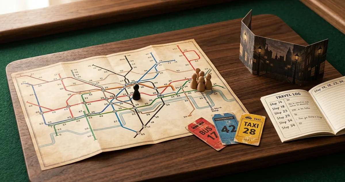 Mapa de Londres com bilhetes de táxi, ônibus e metrô e o peão do Senhor X