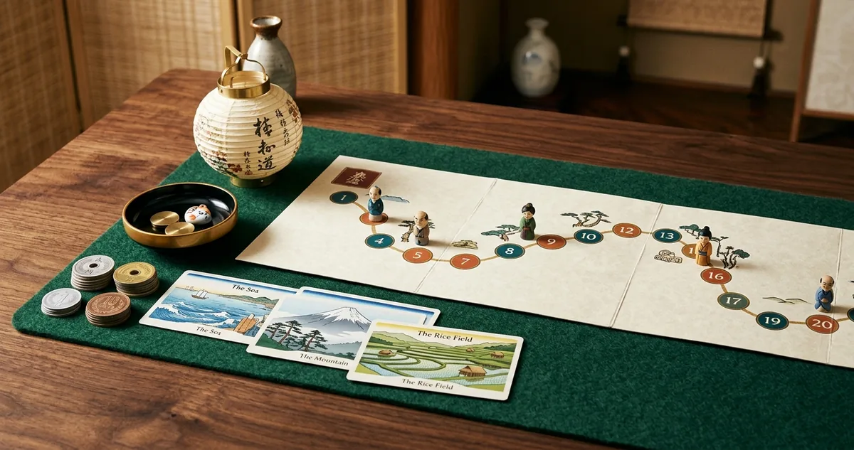 Tabuleiro de estrada japonesa com peões de viajante, moedas e cartas de painel panorâmico