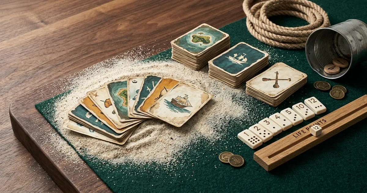 Baralho de náufrago aberto sobre a areia, com três montes de cartas separados