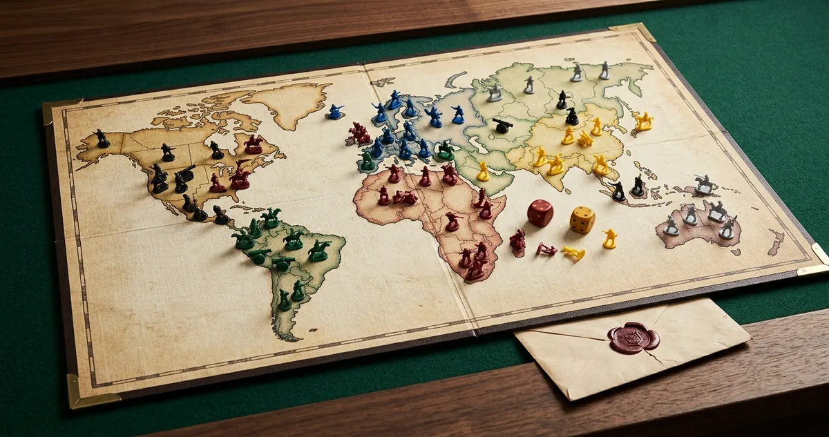 Mapa-múndi de tabuleiro com exércitos de seis cores e dois dados