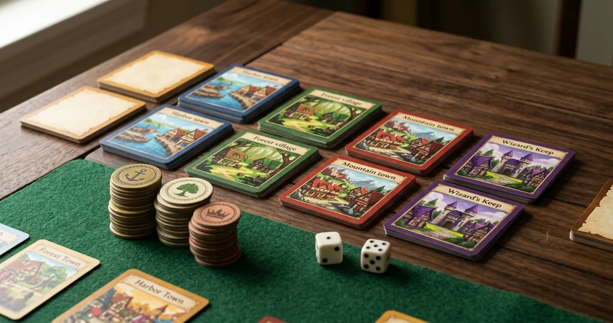 Cartas coloridas de Machi Koro, moedas e dois dados na mesa