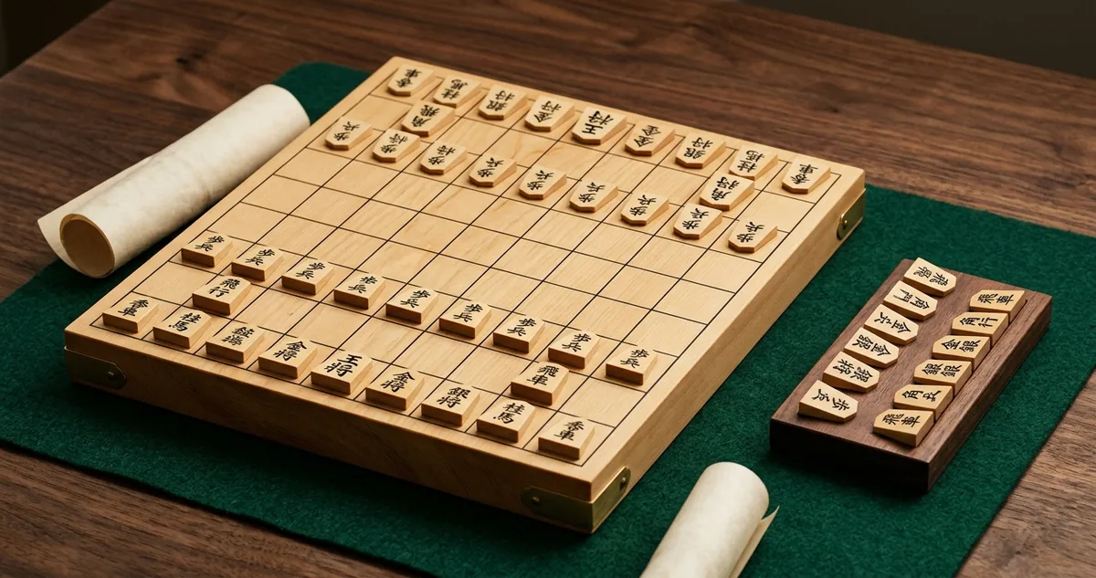 Tabuleiro de shogi com peças de madeira em cunha
