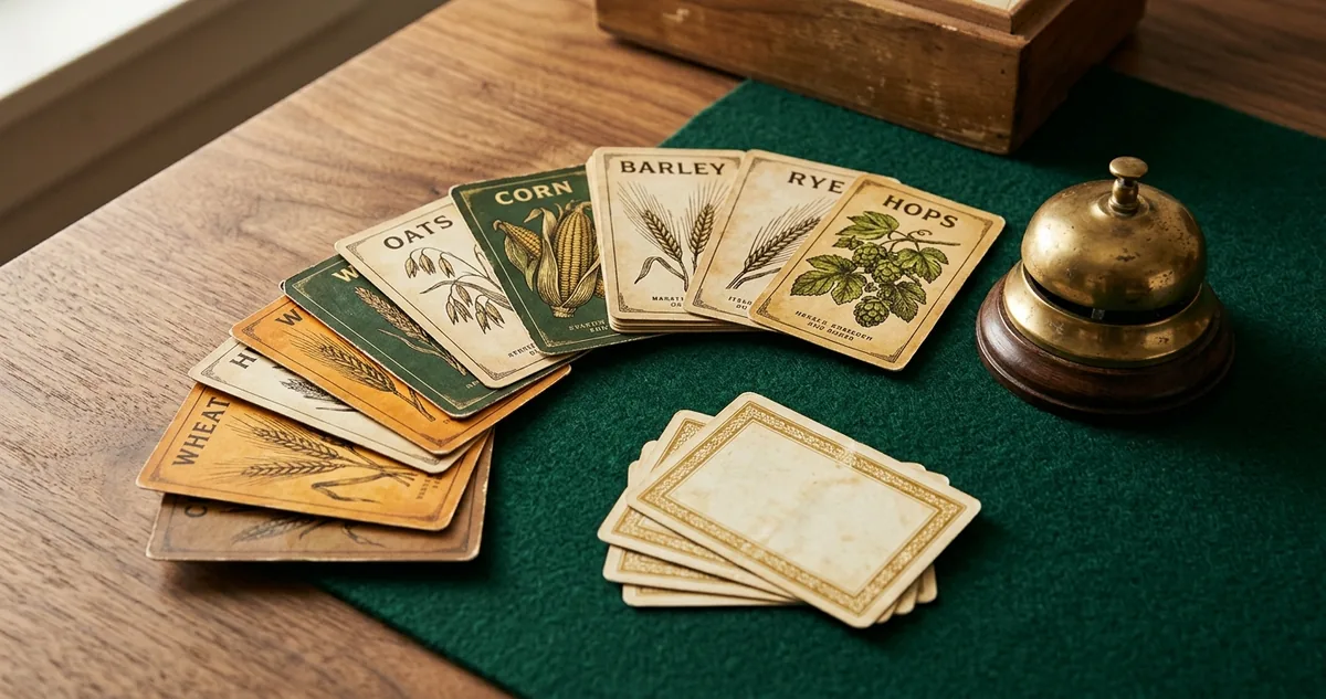 Cartas de trigo e aveia em leque junto a uma campainha de metal