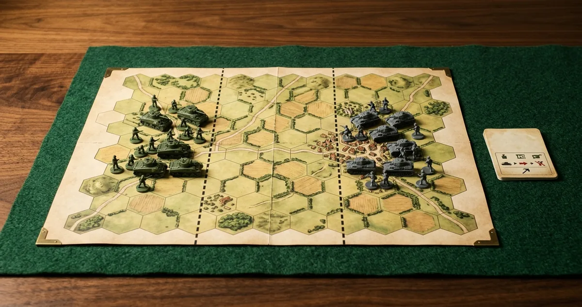 Mapa de hexágonos com tanques e soldados em três setores