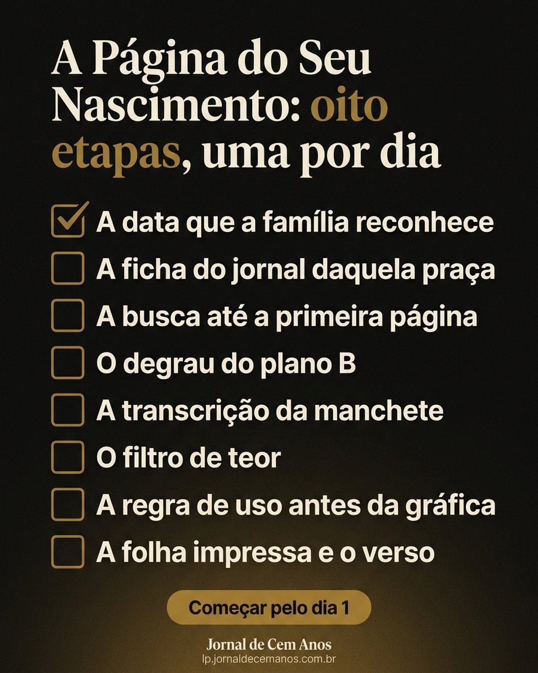 A Página do Seu Nascimento: oito etapas, uma por dia: A data que a família reconhece, A ficha do jornal daquela praça, A busca até a primeira página, O degrau do plano B, A transcrição da manchete, O filtro de teor, A regra de uso antes da gráfica, A folha impressa e o verso. Começar pelo dia 1.