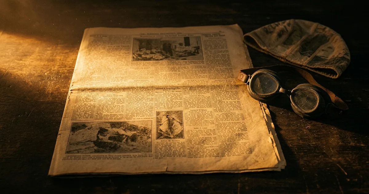 Uma primeira página de jornal de 1926 aberta sobre madeira escura, com óculos de natação antigos e uma touca de borracha ao lado.