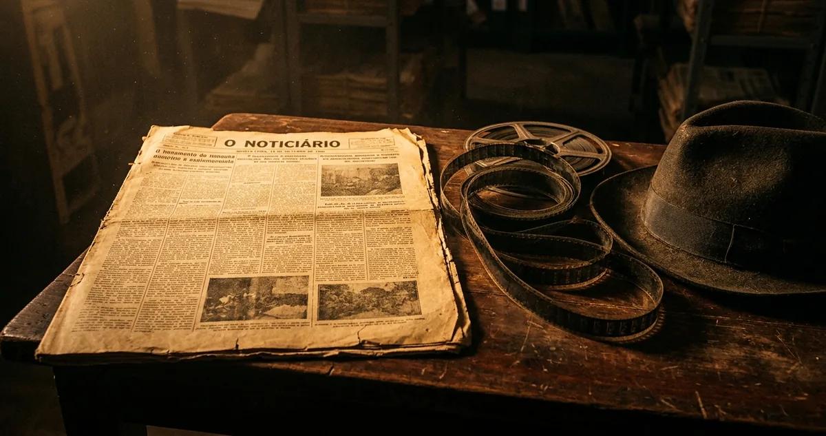 Uma primeira página de jornal de 1926 aberta sobre madeira escura, com um rolo de filme 35mm desenrolado e um chapéu de feltro escuro ao lado.
