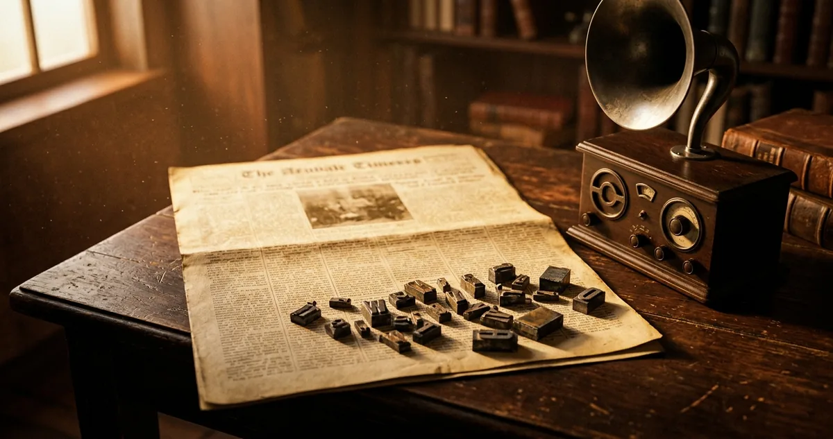 Uma primeira página de jornal de 1926 aberta sobre madeira escura, com um receptor de rádio de válvula e tipos móveis de chumbo ao lado.