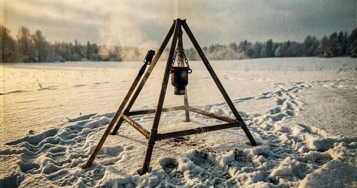 Uma armação piramidal de cano de ferro fincada na neve de um campo aberto, com um bocal de metal escurecido pendurado no alto e uma vara com maçarico de álcool apoiada na estrutura.