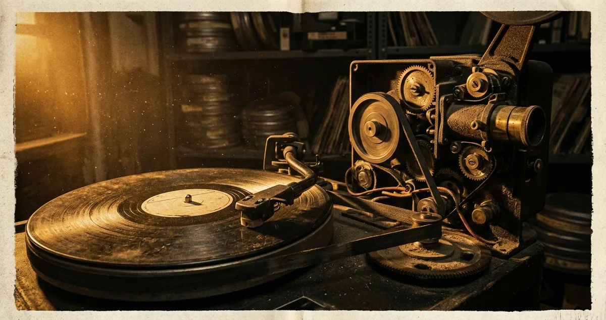 Um prato de toca-discos de dezesseis polegadas ao lado da cabeça de um projetor de cinema, com o braço da agulha pousado na borda do disco.