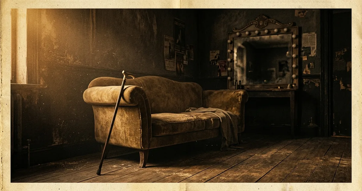 Um divã de veludo gasto num camarim de teatro vazio dos anos 1920, com uma bengala apoiada no braço e luz âmbar rasante.