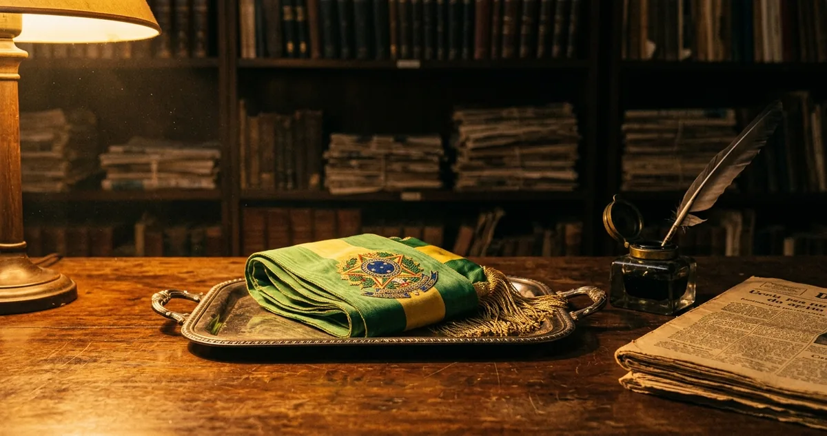 Uma faixa presidencial dobrada sobre bandeja de prata numa mesa de jacarandá, sob luz âmbar rasante.