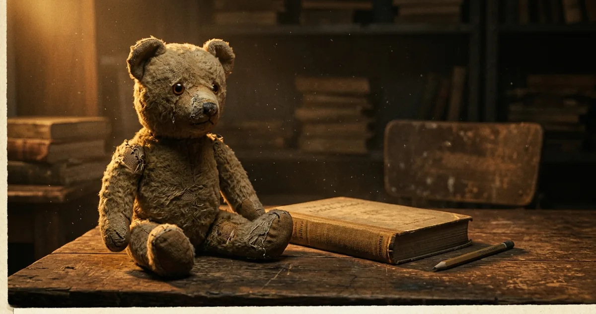 Um urso de pelúcia antigo sentado ao lado de um livro infantil de capa dura, sob luz âmbar rasante.