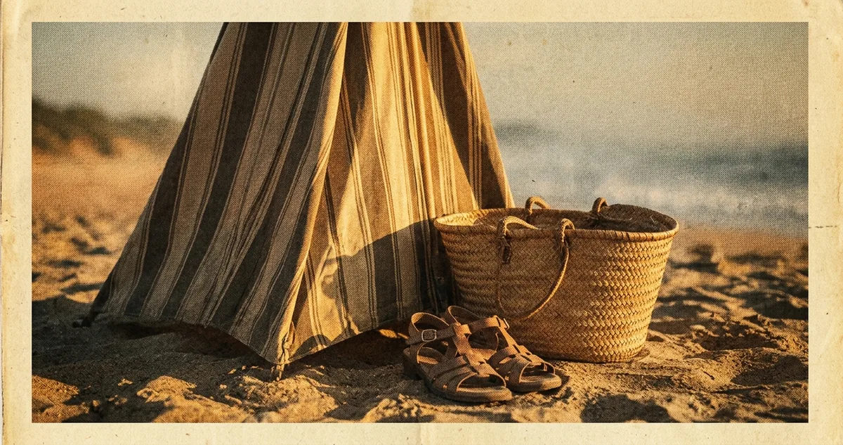 Um toldo de praia listrado fechado sobre a areia, ao lado uma bolsa de vime e um par de sapatos com poeira, sob luz âmbar rasante.