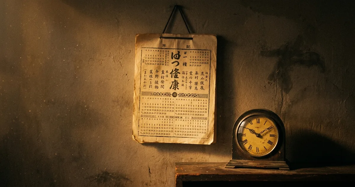 Um calendário de parede japonês de folha única pendurado ao lado de um relógio de mesa parado, sob luz âmbar rasante.