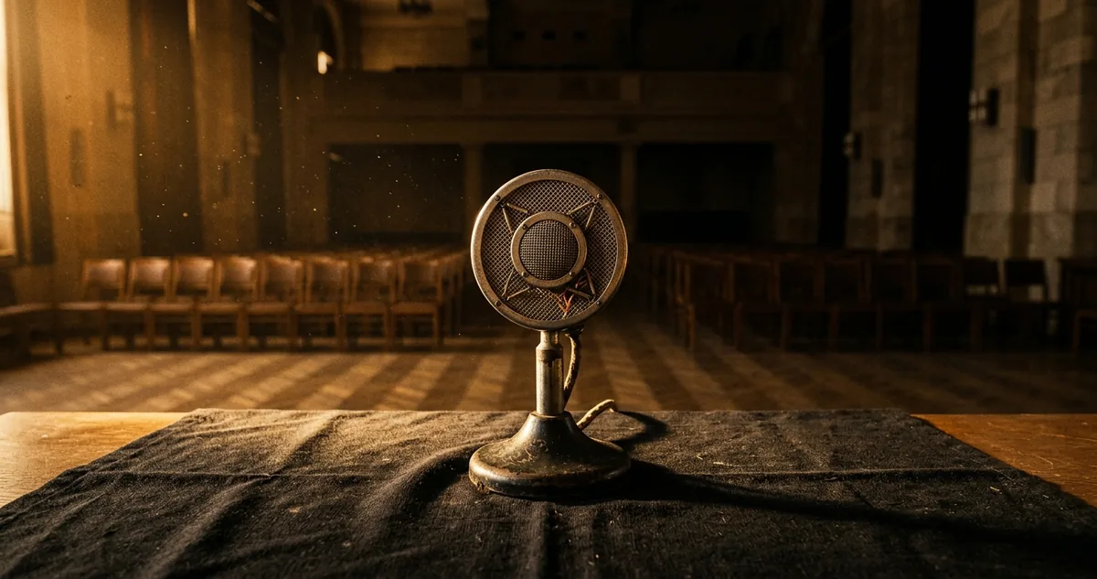 Um microfone de mesa antigo, de disco metálico e haste curta, sozinho sobre pano escuro no centro de um salão vazio, sob luz âmbar rasante.