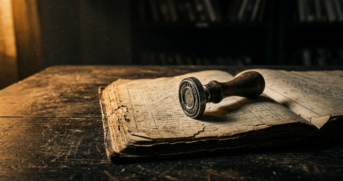 Um carimbo oficial de metal e madeira pousado sobre um caderno de leis aberto, numa mesa escura, sob luz âmbar rasante.
