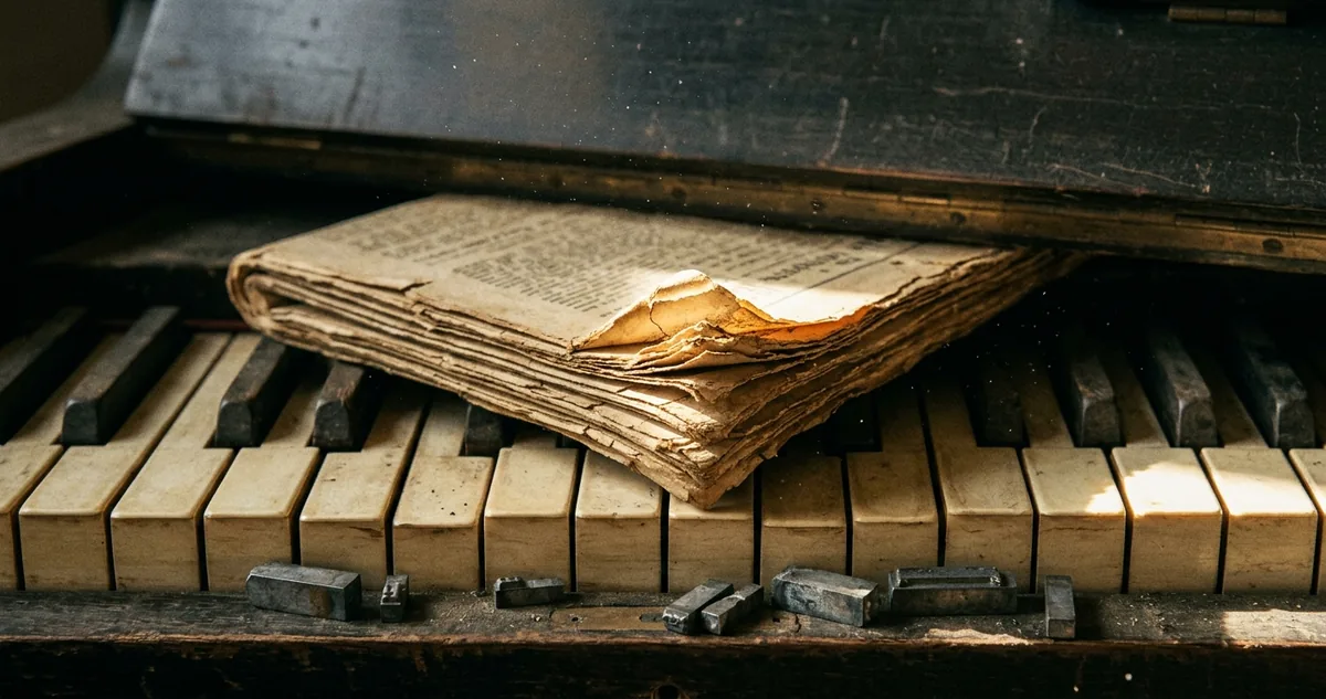 Palco de teatro vazio visto da plateia, com um piano de cauda na coxia.