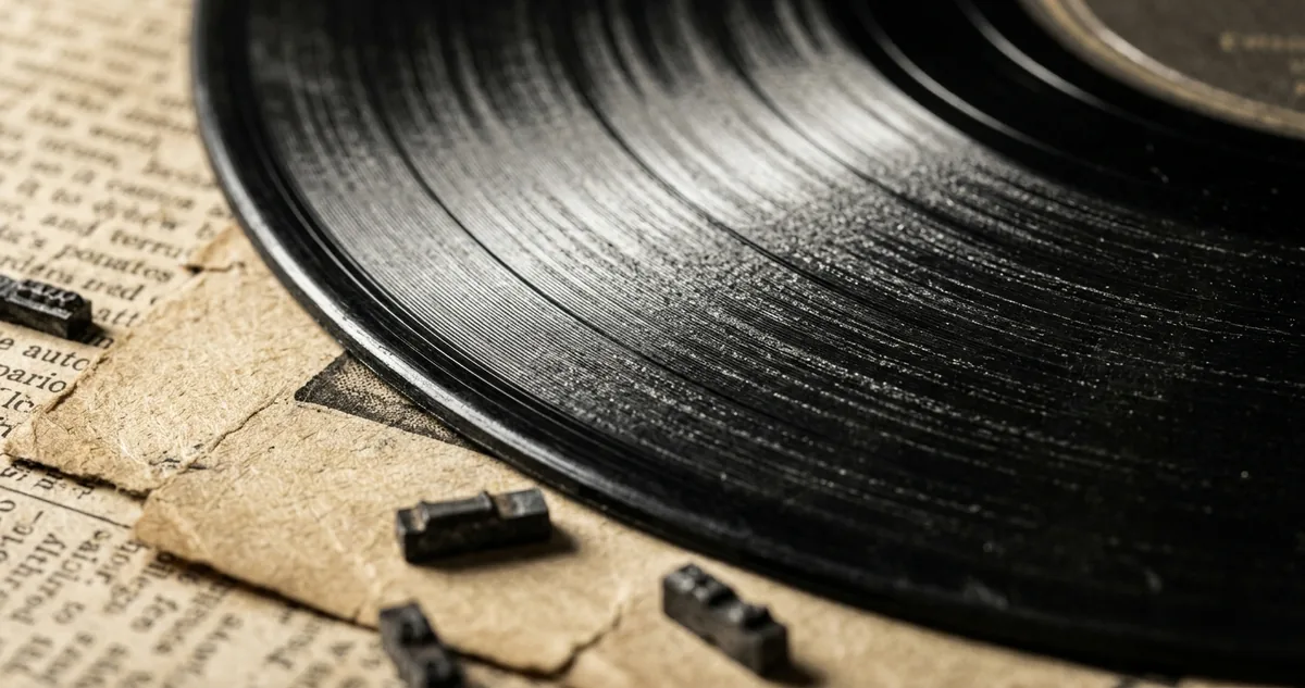 Disco de 78 rotações no prato de um fonógrafo de madeira em estúdio vazio.