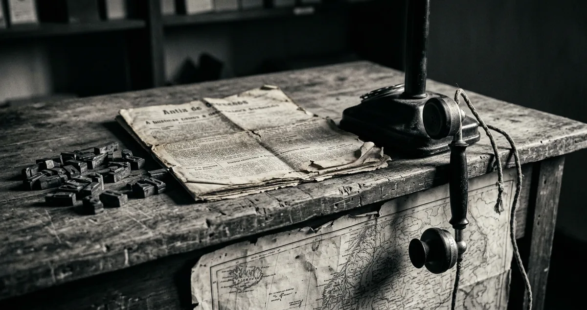 Telefone de mesa dos anos 1920 sobre um mapa do Atlântico Norte.