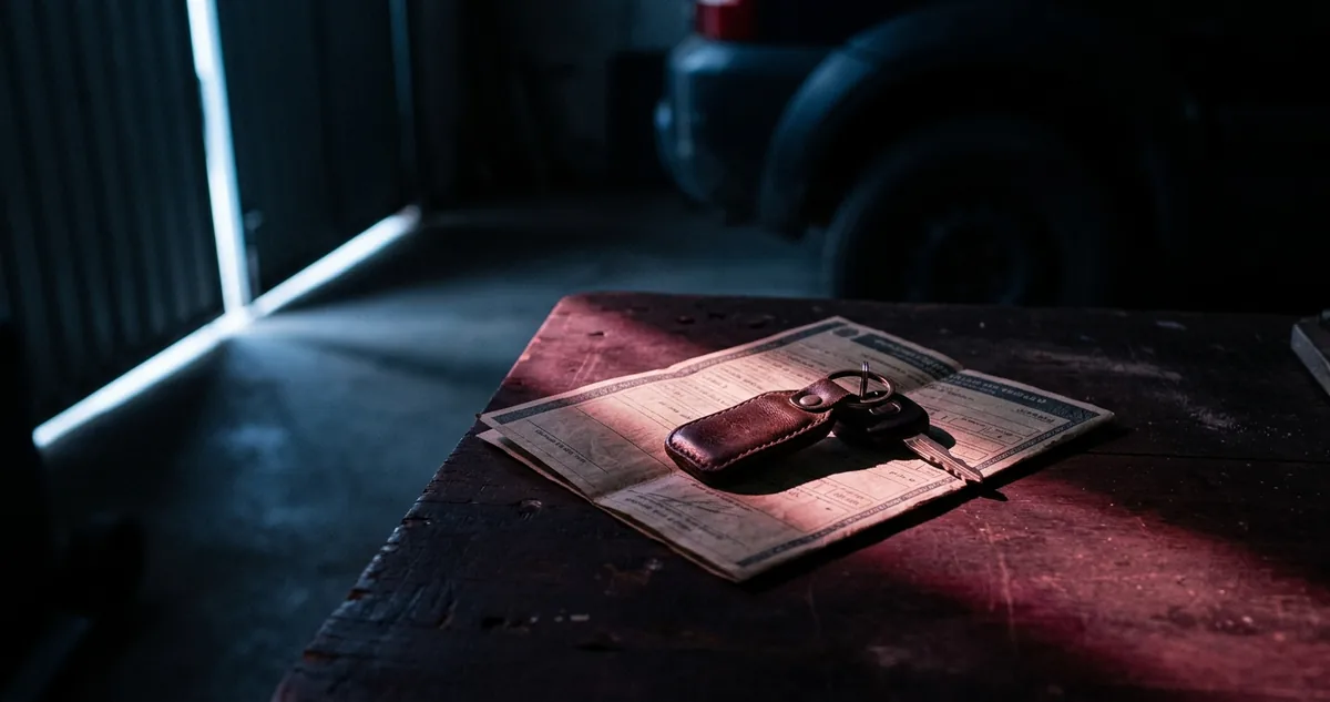 Chave de carro com chaveiro de couro sobre o documento do veículo dobrado, sob uma faixa de luz vinho numa garagem escura.