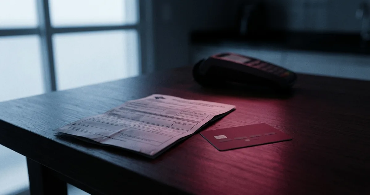 Documento de arrecadação do IPVA dobrado ao lado de um cartão de crédito, sob uma faixa de luz vinho numa mesa escura.