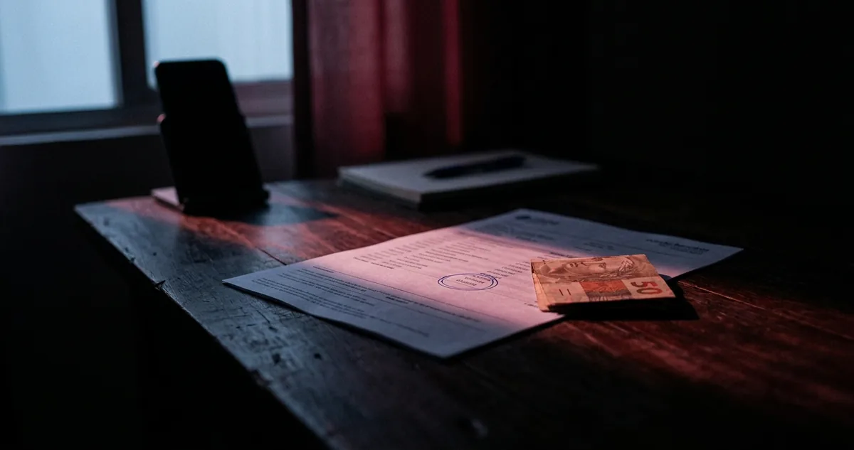 Extrato bancário impresso com uma data circulada a caneta ao lado de uma nota de cinquenta reais, sob uma faixa de luz vinho numa mesa escura.