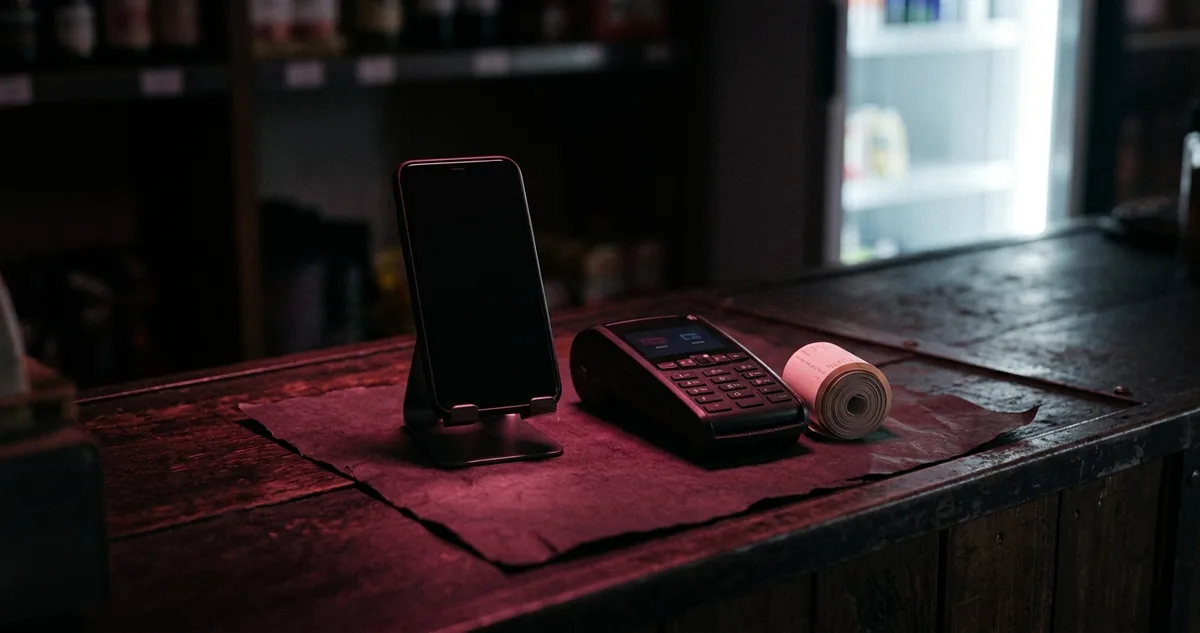 Celular apoiado em pé com a tela apagada, ao lado de uma maquininha de pagamento e de um comprovante de papel enrolado, sob uma faixa de luz vinho.
